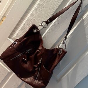 B.Makowky Elegant Brown Leather Shoulder Bag with Silver Hardware